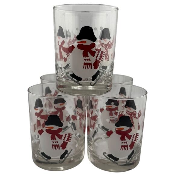 Crate and Barrel Vintage 1990s Skating Snowmen Old Fashioned Glasses Set of 6 - Picture 1 of 4